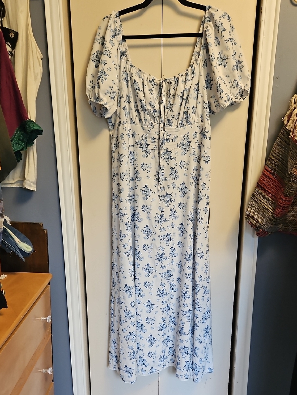 Blue Floral Puff-Sleeve Maxi Dress Ptp Max 21